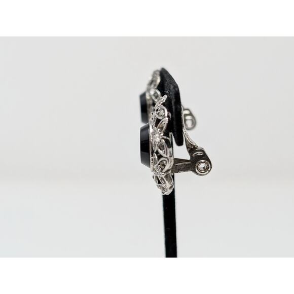 Vintage Monet Clip On Earrings Silver Tone Black Filigree Round Butterflies - Picture 5 of 7